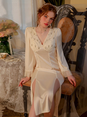 V-neck Satin Lace Embroidered Split Nightdress