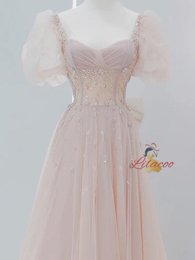 Pink Tulle Puff Sleeve Beading Prom Dress