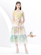 V-neck Sleeveless Floral Print Long Dress