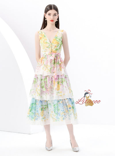 V-neck Sleeveless Floral Print Long Dress