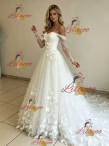 White Tulle Long Sleeve Butterfly Wedding Dress
