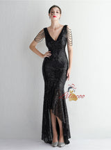 V-neck Sequins Hi Lo Beading Prom Dress