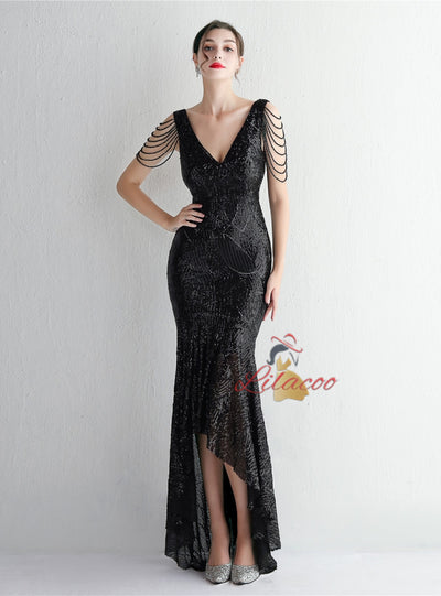 V-neck Sequins Hi Lo Beading Prom Dress