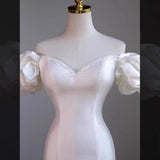 White Mermaid Hi Lo Satin Wedding Dress