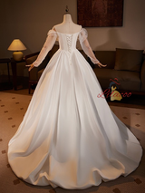 White Satin Long Sleeve Off the Shoulder Wedding Dress