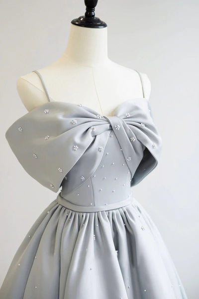 Gray Satin Spaghetti Straps Pearls Prom Dress