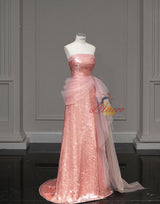 Pink Mermaid Sequins Strapless Prom Dress