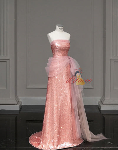 Pink Mermaid Sequins Strapless Prom Dress