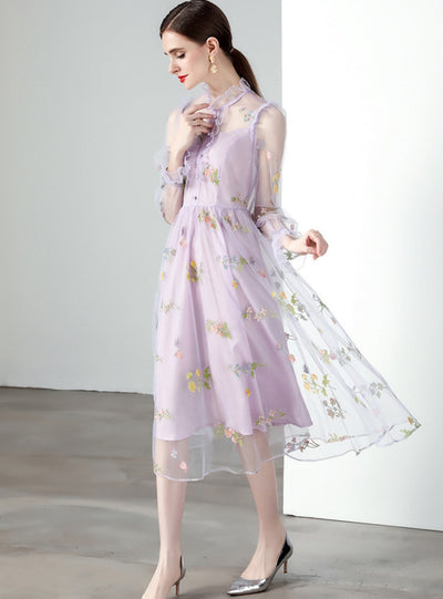 Purple Gauze Embroidery Slim Dress
