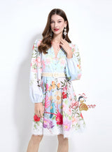 V-neck Single-breasted Printed Short Dress