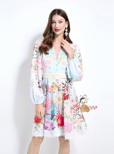 V-neck Single-breasted Printed Short Dress