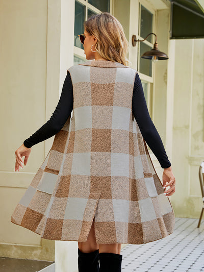 Long Sleeveless Jacquard Plaid Vest Sweater Coat