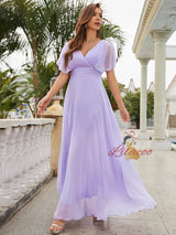 Purple V-neck Short Sleeve Party Dress