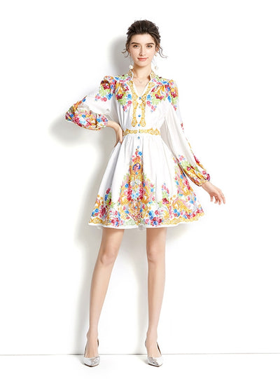 V-neck Lantern Sleeve Printed Short Dress