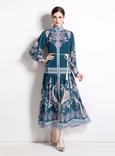 Holiday Style Retro Printed Long-sleeved Dress