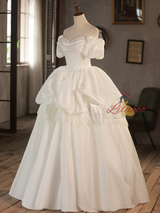 White Satin Lace Puff Sleeve Wedding Dress