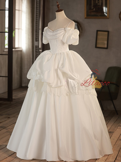 White Satin Lace Puff Sleeve Wedding Dress