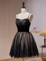 Black Tulle Lace Straps Homecoming Dress