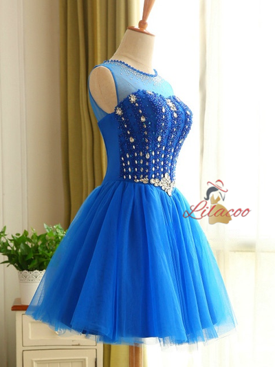 Blue Tulle Backless Beading Homecoming Dress