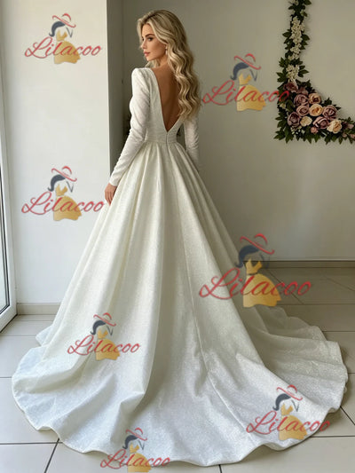White Long Sleeve V-neck Wedding Dress