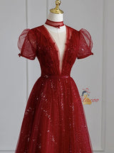 Burgundy Sequins Tulle Short Sleeve Prom Dress