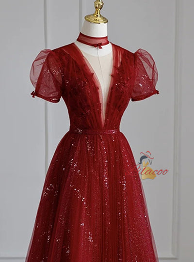 Burgundy Sequins Tulle Short Sleeve Prom Dress