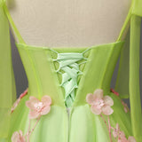 Green Tulle Straps Pink 3D Appliques Quinceanera Dress