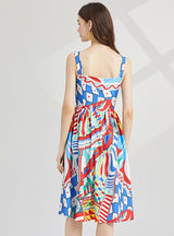 Printed Suspender Slim High Waist A-line Dress