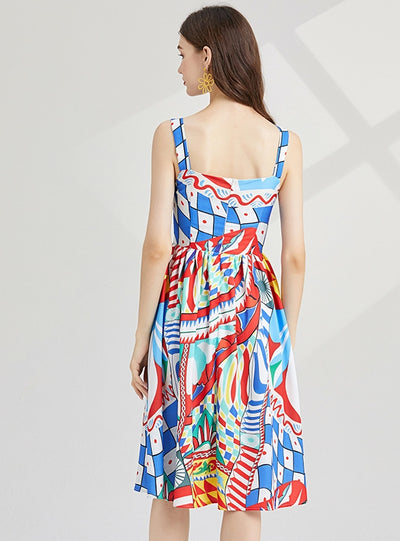 Printed Suspender Slim High Waist A-line Dress