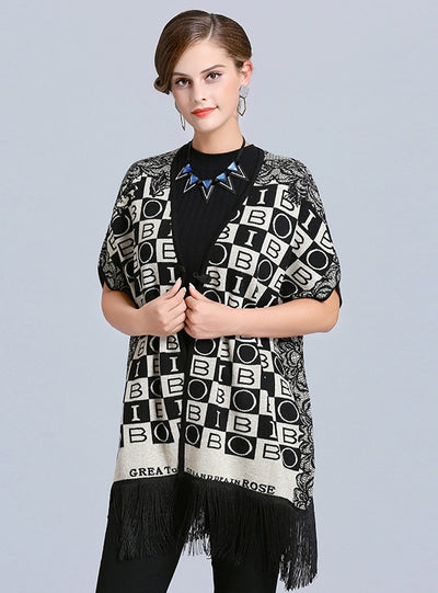 Loose Jacquard Fringed Knit Cardigan Shawl