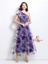 Oblique Shoulder Printed Gauze Dress