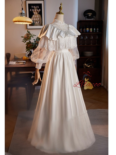 White Satin Lace Long Sleeve High Neck Wedding Dress