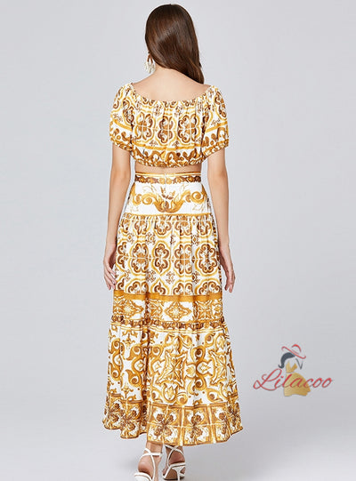 Retro Off the Shoulder Printed Skirt Dress