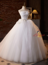 White Tulle Strapless Beading Flower Wedding Dress