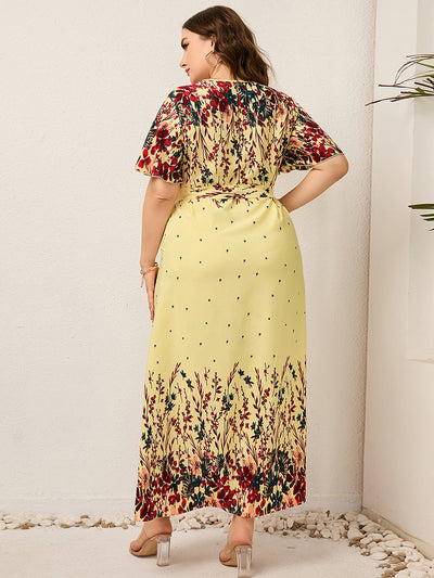 Plus Size Printed Short Sleeve V-neck Dress