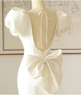 Ivory Mermaid Backless Puff Sleeve Bow Wedding Dress
