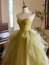 Green Tulle Straps Pleats Prom Dress