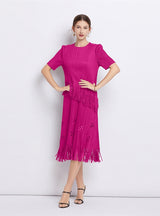 Short-sleeved Fringed Pleated Dress