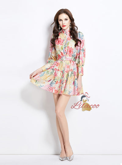 Lantern Sleeve Button Printed Short Dress
