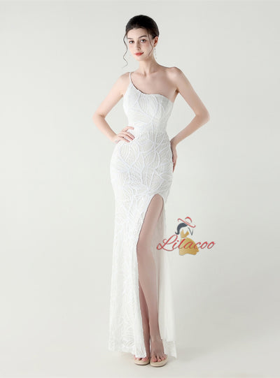 Mermaid One Shoulder Sequins Split Prom Dress