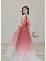 Burgundy Tulle Sequins Beading Long Sleeve Prom Dress