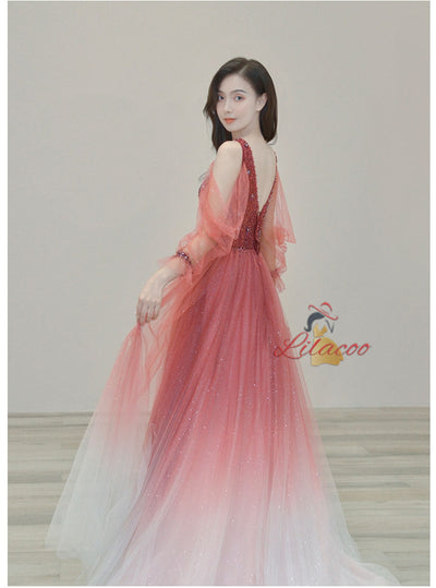 Burgundy Tulle Sequins Beading Long Sleeve Prom Dress