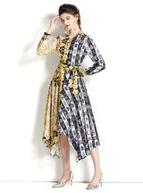 Retro Long Sleeve Color Printed Irregular Dress