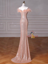Champagne Mermaid Sequins Feather Prom Dress