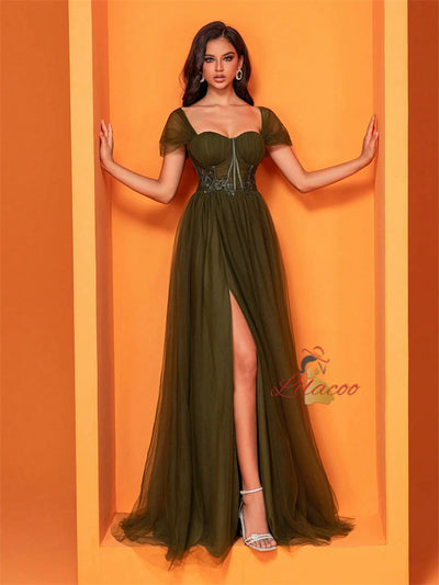 Tulle Green Slit Prom Dress