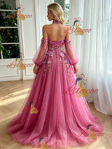Fuchsia Tulle Long Sleeve Appliques Prom Dress