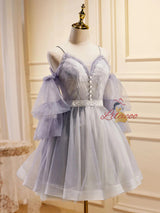 Purple Tulle Straps Long Sleeve Homecoming Dress