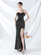 Mermaid Sequins Strapless Split Prom Dress