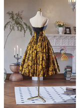 Simple Black Yellow Print Strapless Homecoming Dress