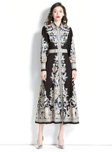 Retro Lapel Lantern Sleeve Printed Dress